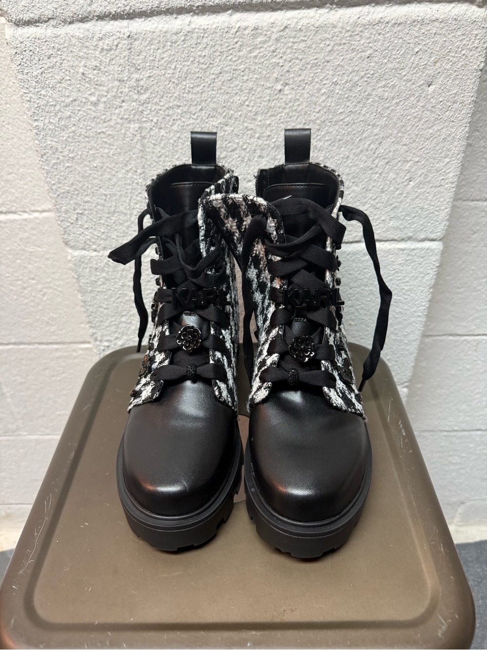 Black Tweed-Trim Lace-Up Women's Combat Boots